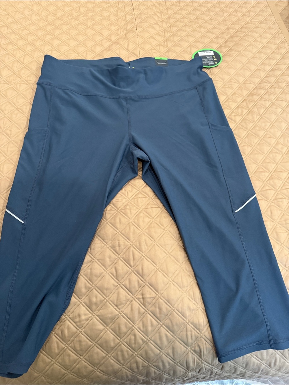 Blue Cropped Performance Leggings with Lime Accents